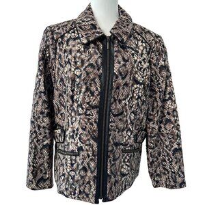Chico’s Faux Fur Jacket Size 2 (L) Black Tan Cheetah Zip Up Animal Print